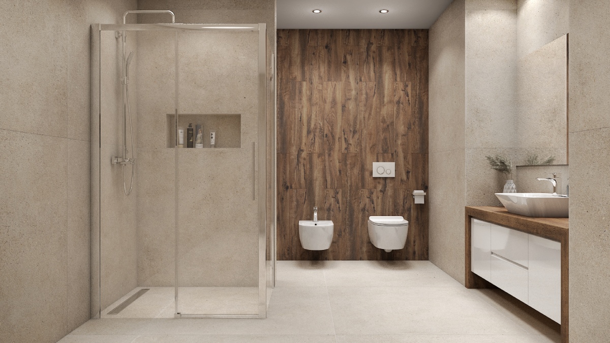 Beżowa łazienka z płytkami imitującymi drewno.